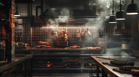 Cooking sausages on a grill in a restaurant kitchen.の素材