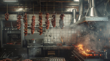 Smoked sausages hanging on the fire in a restaurant kitchenの素材
