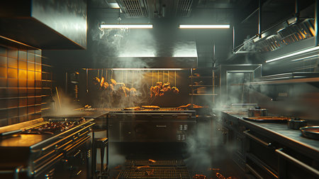 Close-up of a restaurant kitchen with a fire and smoke.の素材