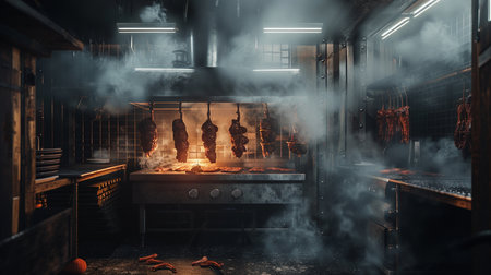 Hanging sausages on the stove in the restaurant. 3d renderingの素材