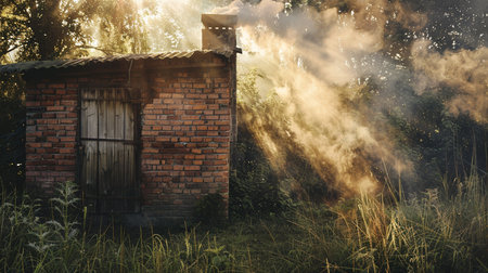 Burning old brick house in the meadow with green grass.の素材