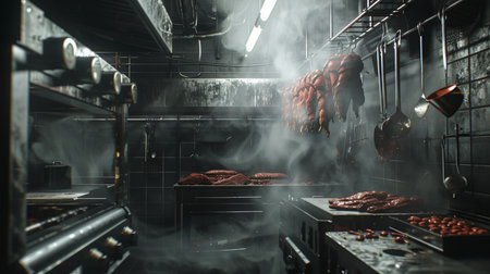 smoked meat in the oven in the kitchen of a meat factoryの素材
