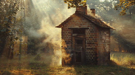 Abandoned house in the autumn foggy forest. 3d renderの素材