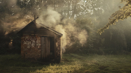Abandoned old house with smoke in the middle of the forestの素材