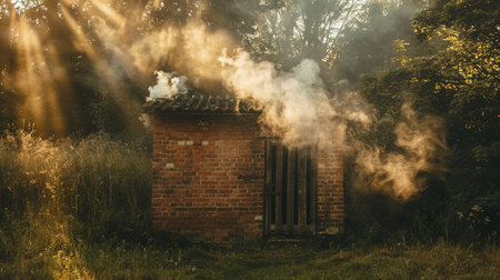 Smoke from the chimney of a brick house in the forestの素材