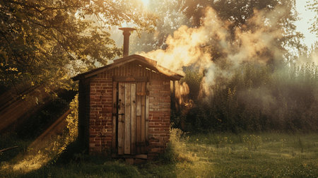 Wooden house in the forest with smoke from a chimney.の素材