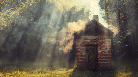 Old wooden house in the forest with smoke coming out of the chimneyの素材