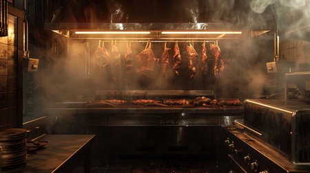 Meat in the smoke of a barbecue in a restaurant. 3d renderingの素材