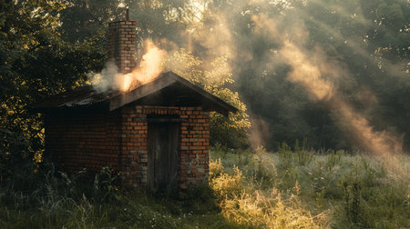 Smoke from the chimney of old house in the forest.の素材