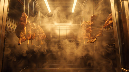 roasted meat in a smokehouse on a dark background, close-upの素材