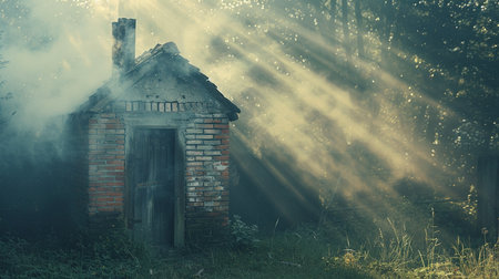 Abandoned house in a foggy forest with rays of lightの素材