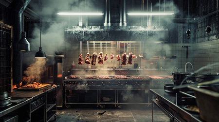 Cooking sausages on a spit in a restaurant kitchen.の素材