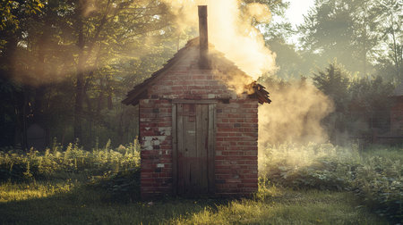 Smoke from the chimney of an old house in the forestの素材