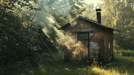 Old brick house in a foggy forest. 3d rendering.の素材