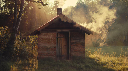 Old wooden house in the forest with smoking chimney and smoke.の素材