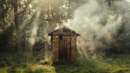 Old wooden toilet in the forest with smoke from the chimney.の素材