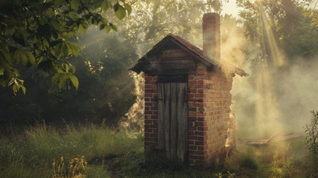 Old brick chimney in the forest at sunset. Vintage styles.の素材