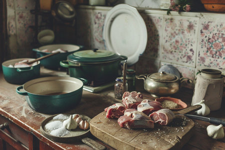 Vintage kitchen interior with meat, spices and vegetables. Rustic styleの素材