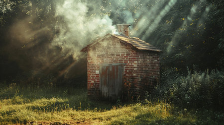 Smoke coming out of an old brick house in the woods.の素材