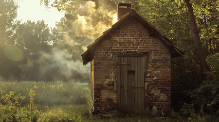 Old brick house in the misty forest. Vintage style photo.の素材