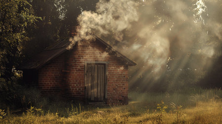 Smoke coming out of the chimney of an old brick houseの素材