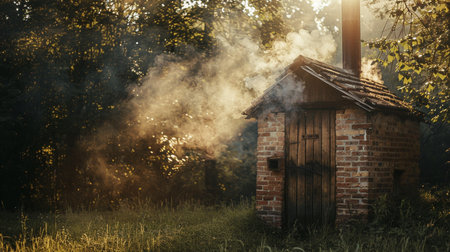 Smoke coming out of the chimney of an old wooden houseの素材