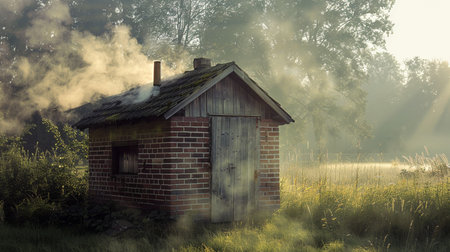 Old house in a foggy meadow at sunrise. Retro stylesの素材