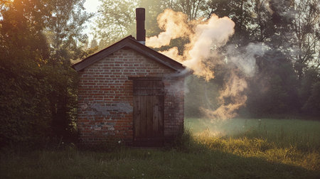 Smoke from the chimney of an old house in the forestの素材