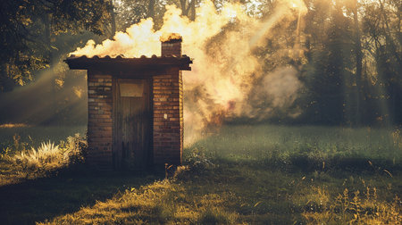 Smoke coming out of the chimney in the meadow.の素材