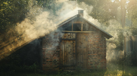 Old wooden house in the garden with smoke coming out of the chimneyの素材