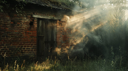 Old wooden door in a foggy meadow with sun rays.の素材