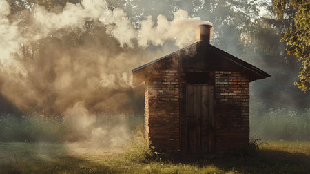 Smoke from the chimney of a wooden house in the forestの素材