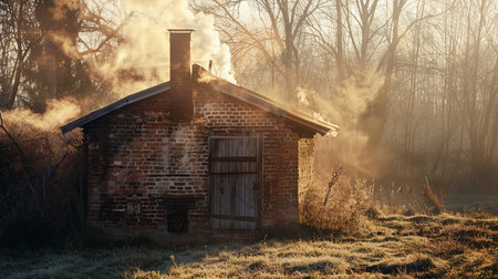 Smoke from the chimney of an old house in the fieldの素材