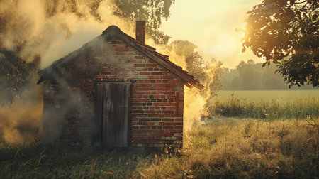 Old brick house in the field at sunrise. Fire and smoke.の素材