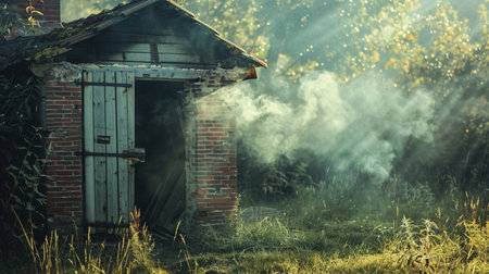 Old wooden house with smoke on the background of the autumn forest.の素材