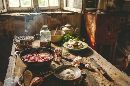 Vintage kitchen interior with utensils. Rustic style.の素材