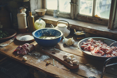 Ingredients for cooking soup on a wooden table in a rustic styleの素材
