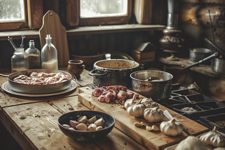 Preparation of salami and meat in a rustic kitchenの素材
