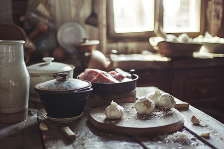 Still life with ingredients for cooking in rustic style on wooden tableの素材