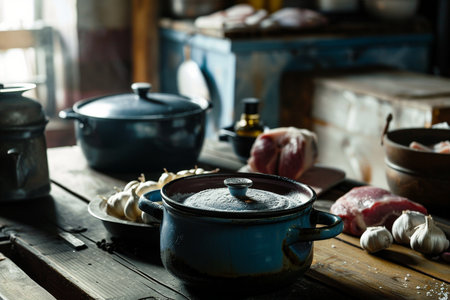 Rustic kitchen still life with cooking pot, garlic, meat and spicesの素材