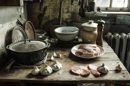 Rustic kitchen with meat, vegetables and spices. Selective focus.の素材