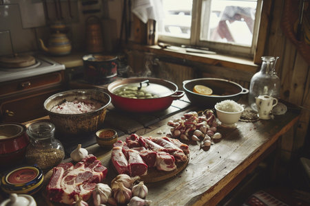 Rustic kitchen with meat, vegetables and spices. Vintage styles.の素材