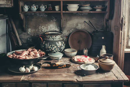 Traditional rustic kitchen interior with crockery and utensilsの素材