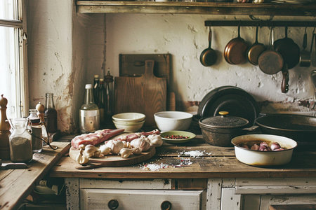 Rustic kitchen interior with utensils and crockery, selective focusの素材