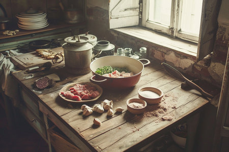 Vintage style image of a rustic kitchen table with ingredients and utensilsの素材