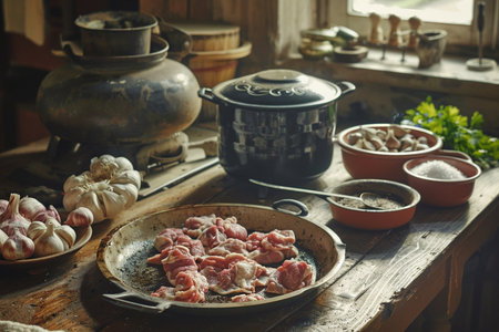 Raw meat on a frying pan in a rustic kitchen. Retro styles.の素材