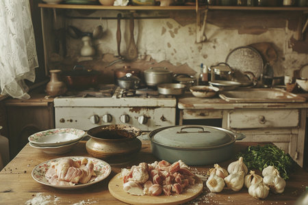 Vintage kitchen interior with cooking utensils and ingredients. Selective focus.の素材
