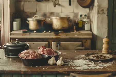 Preparation of meatballs on a wooden table in the kitchenの素材