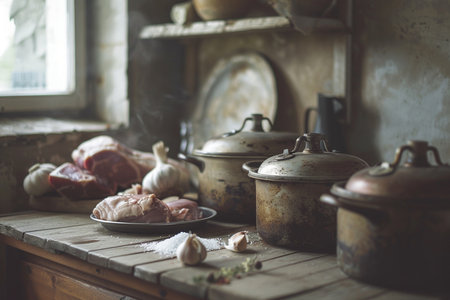Rustic kitchen with meat and vegetables, selective focus, toned imageの素材