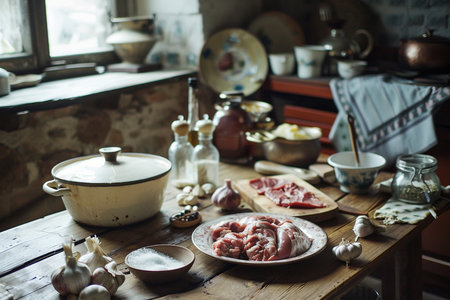 Vintage kitchen with meat, vegetables and spices. Rustic style.の素材